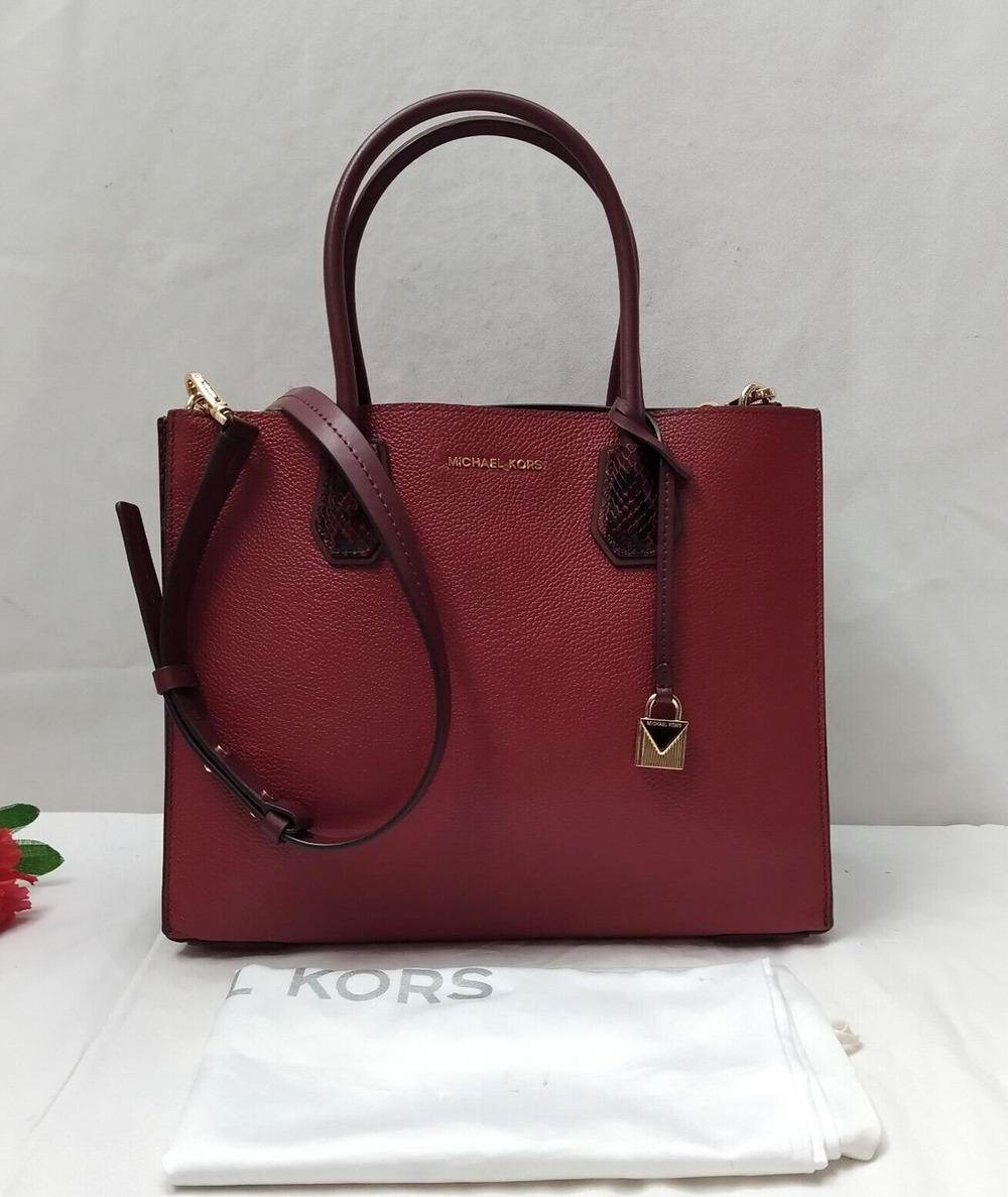 Michael Kors Mercer Burgundy Leather Snakeskin Detail Double Handles Tote Bag
